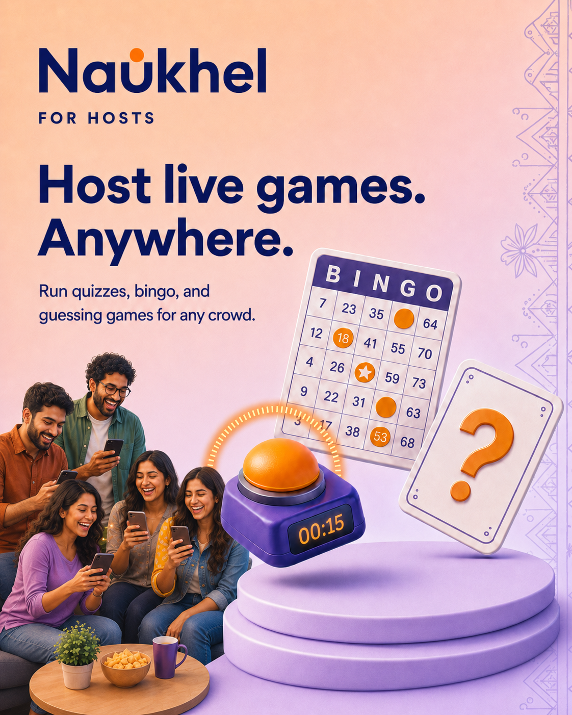 People celebrating with live quiz, bingo, and leaderboard screens